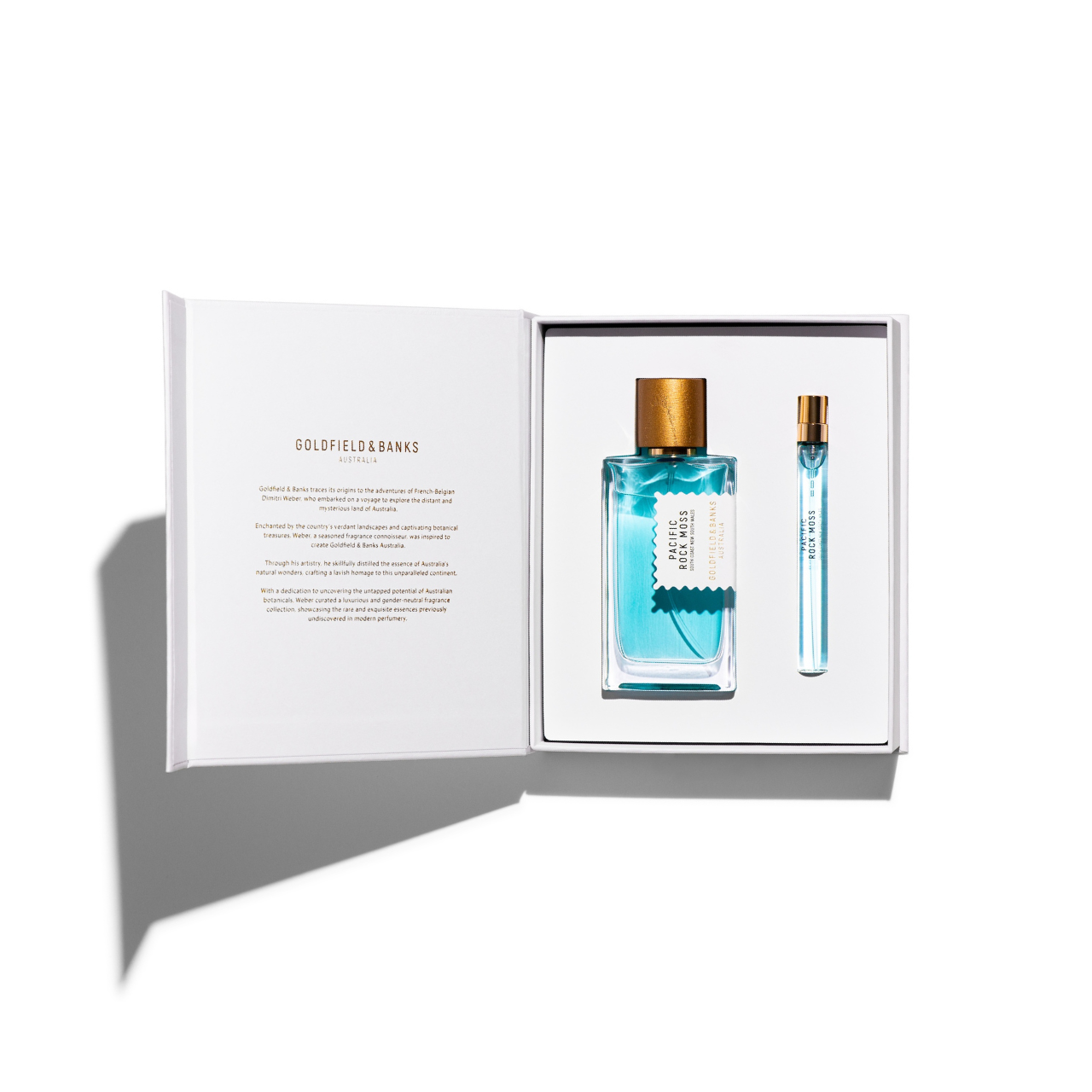 Pacific Rock Moss holiday gift set with Eau de Parfum and travel spray in embossed botanical box