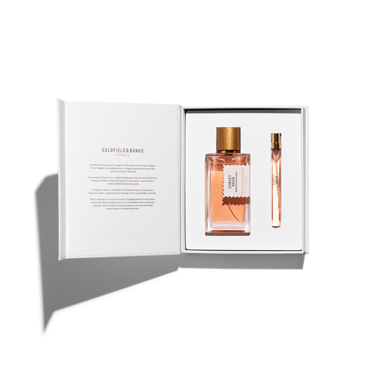 Sunset Hour Holiday Gift Set with 100ml Eau de Parfum and 10ml travel spray in white embossed box